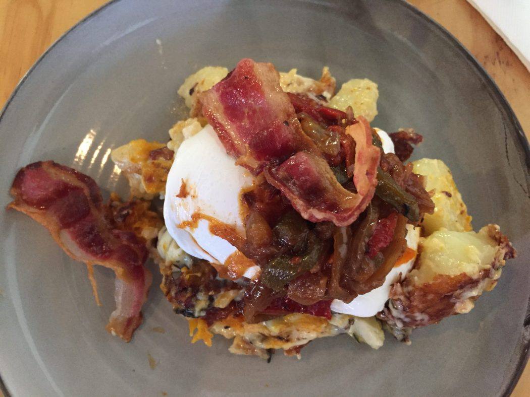 8 Great Things to do Mornington Peninsula 20 breakfast with poached eggs and bacon on a blue plate at Dee's dormana mornington peninsula victoria