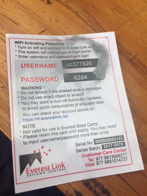 everest base camp trek wifi card with username and password