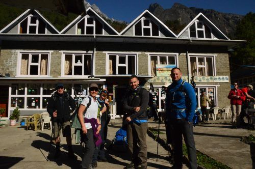 trekkers outside teahouse everest base camp trek nepal trekkers outside teahouse everest base camp trek nepal
