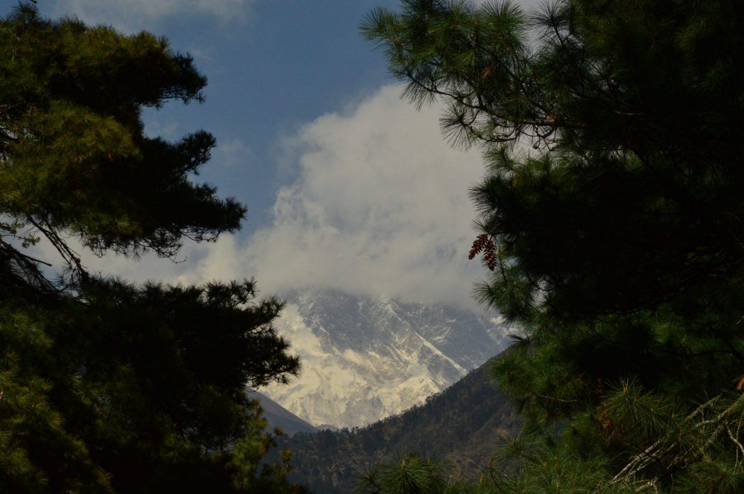 the tip of Mount everest seen behind some clouds framed by trees