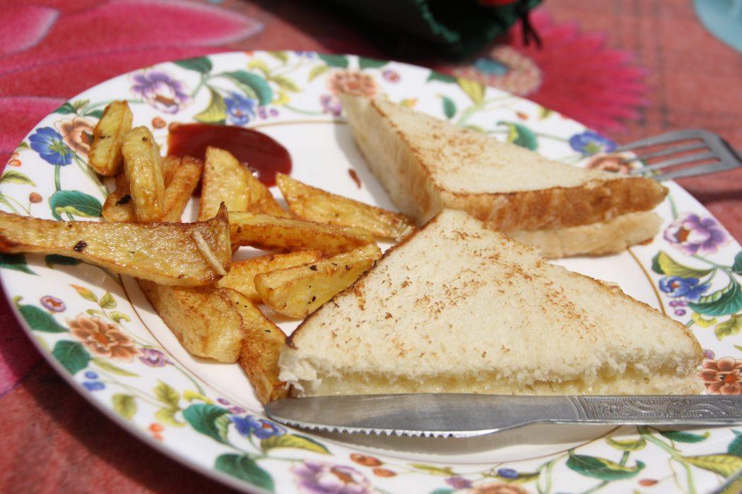 Nepal Tea House: What to Expect on the Everest Base Camp Trek 16 cheese sandwich with hot chips and tomato sauce on a plate