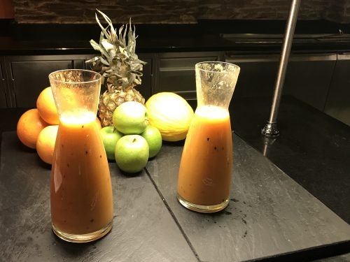 2 carafes of juice and pineapple and fruit on breakfast buffet at Arosa Kitzbühel 2 carafes of juice and pineapple and fruit on breakfast buffet at Arosa Kitzbühel