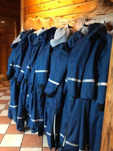blue snow suits hanging at hotel ranga iceland