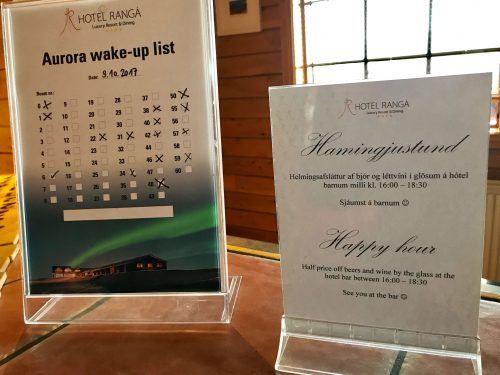 aurora wake up list sign at hotel ranga iceland