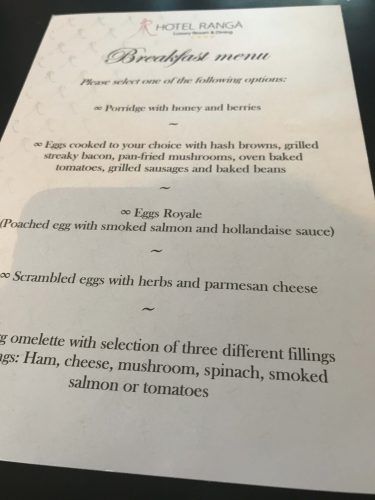breakfast menu at hotel ranga iceland
