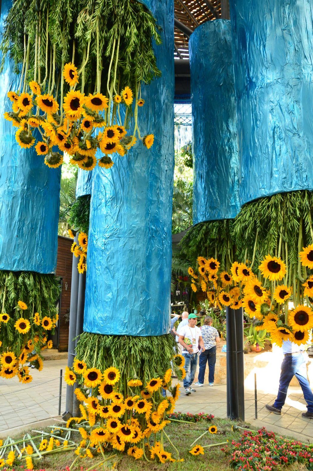 medellin flower festival display of upside down sunflowers