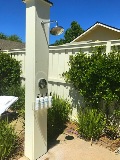 outdoor shower with products at solage spa napa valley california