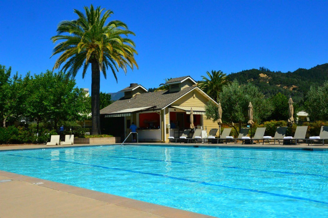 Solage Spa & Hotel Review Calistoga 13 lap pool at solage with pool house and palm tree