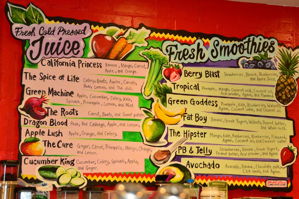 Colourful menu with juice and smoothie options