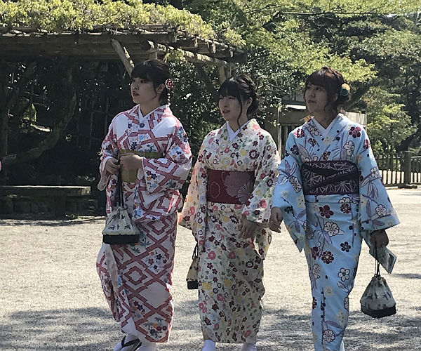 three japanese women walk in kimonos