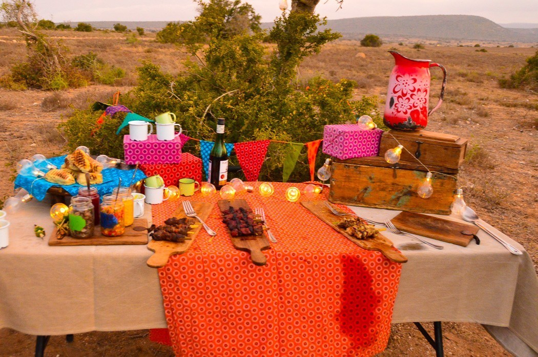 Travel Expert Packing List for Safari 13 table on the savanah with colourful table cloths and mugs etc