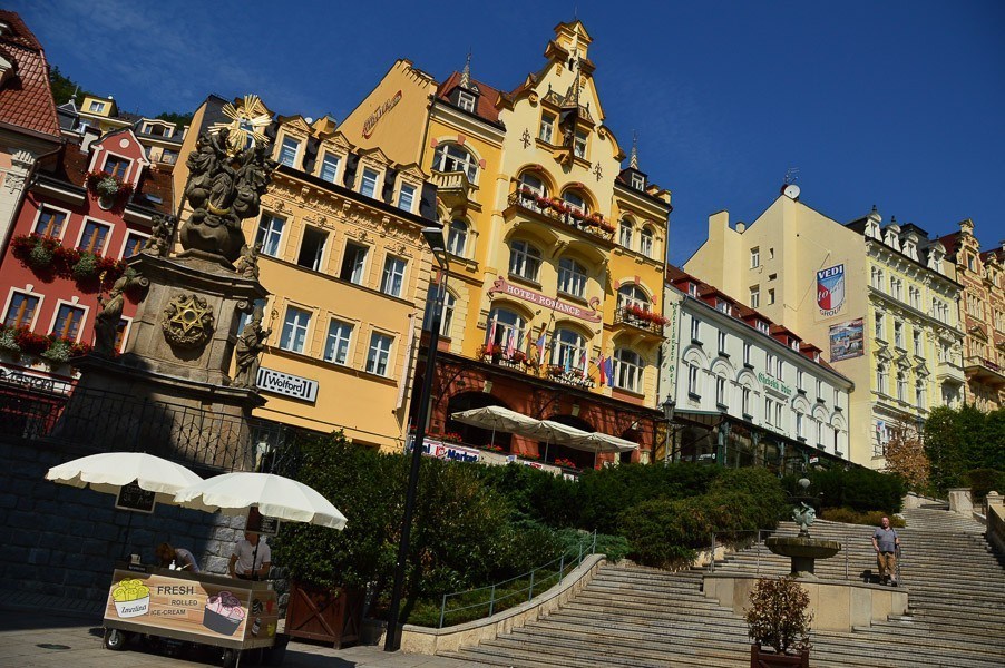 3 Best Czech Republic Spa Towns in Bohemia 46 colourful buildings in karlovy vary and stairs