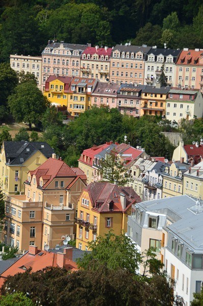 3 Best Czech Republic Spa Towns in Bohemia 44 The colourful buildings of Karlovy Vary seen from the top of Hotel Imperial