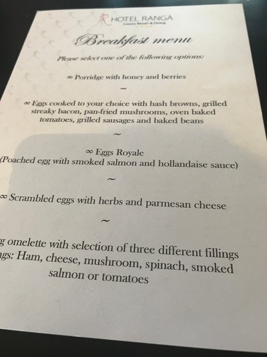 breakfast menu at Hotel Ranga Iceland