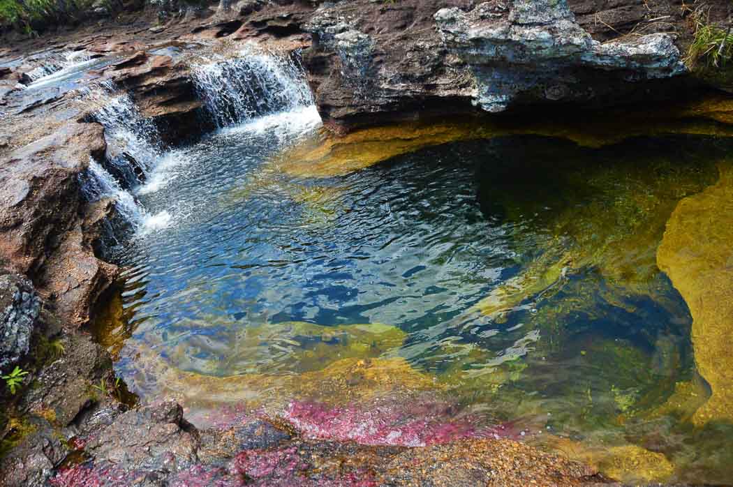 rainbow river with waterfalls in cano cristales