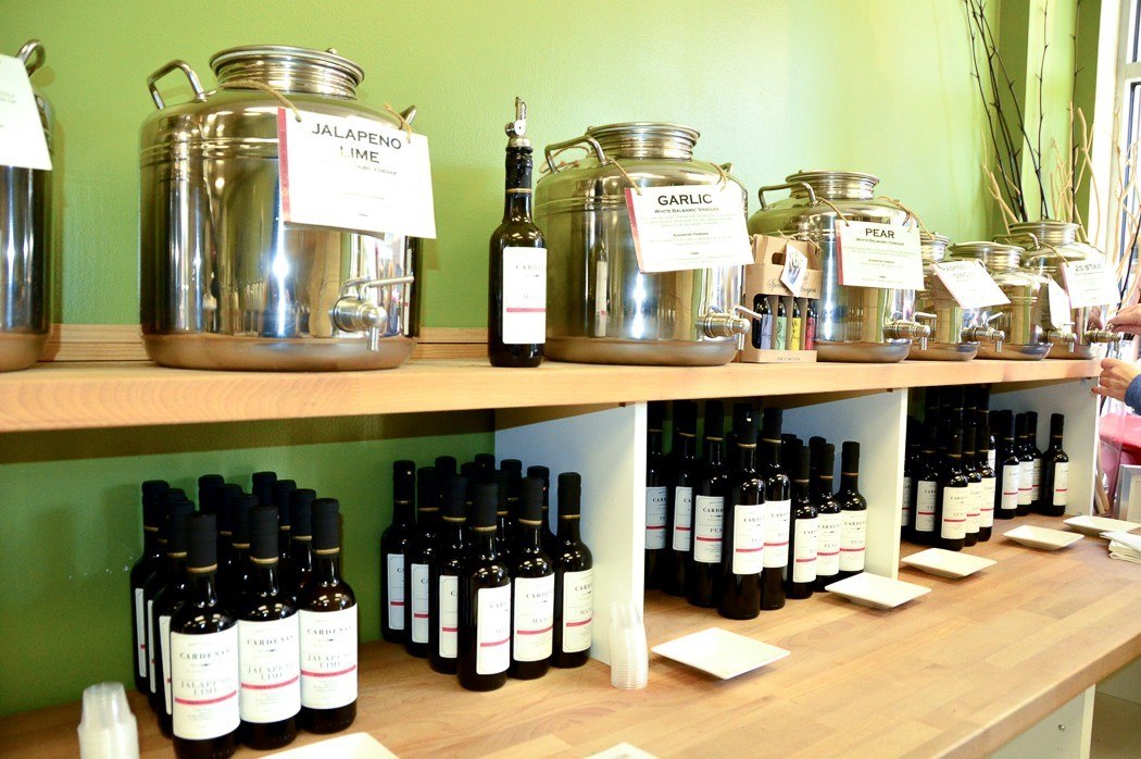 bottles of vinegars and oils on display in philadelphia