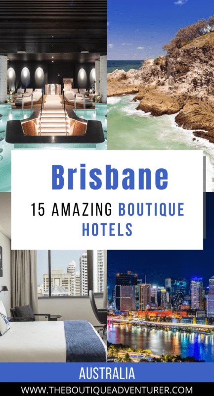 15 Fantastic & Stylish Brisbane Boutique Hotels for Adults 25 luxury hotel pool at night, sea and cliffs, bed in luxury hotel room and brisbane buildings at night