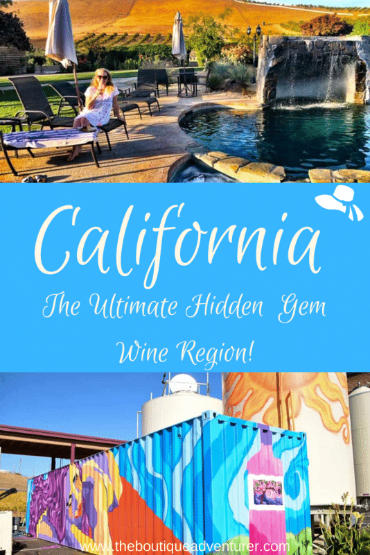Best Spots for Livermore Wine Tasting (2022) - from Trolley to Winery to Bar 52 woman sitting by a pool with glass of wine and colourful wine tanks outside in Livermore California
