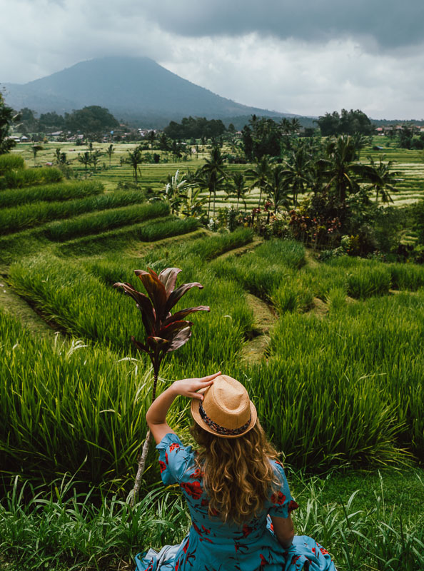 woman in hat with rice fields in bali