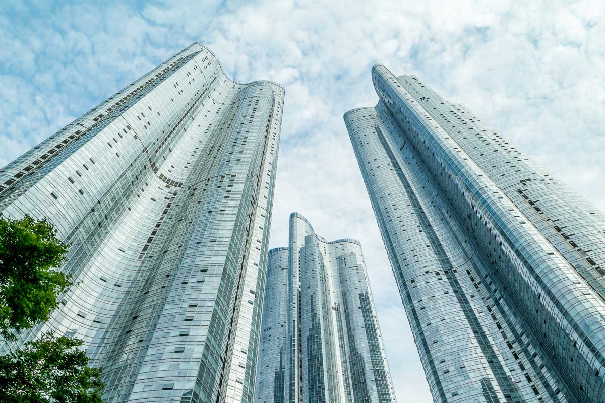 Up view on skyscrapers in Busan, Haeundae district,