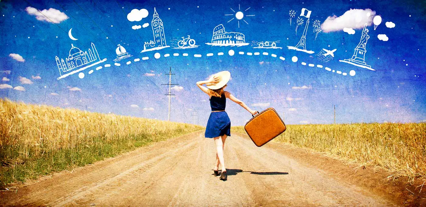 Lonely girl with suitcase at country road dreaming about travel.