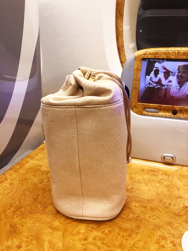 Emirates Business Class Review: Is it Worth It? 21 beige suede toiletries bag for emirates business class