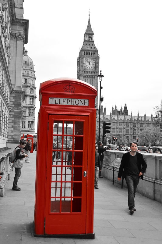 45 Impressive English Landmarks You Will Want to See 3 Red phone booth against london landmark big ben in black and white
