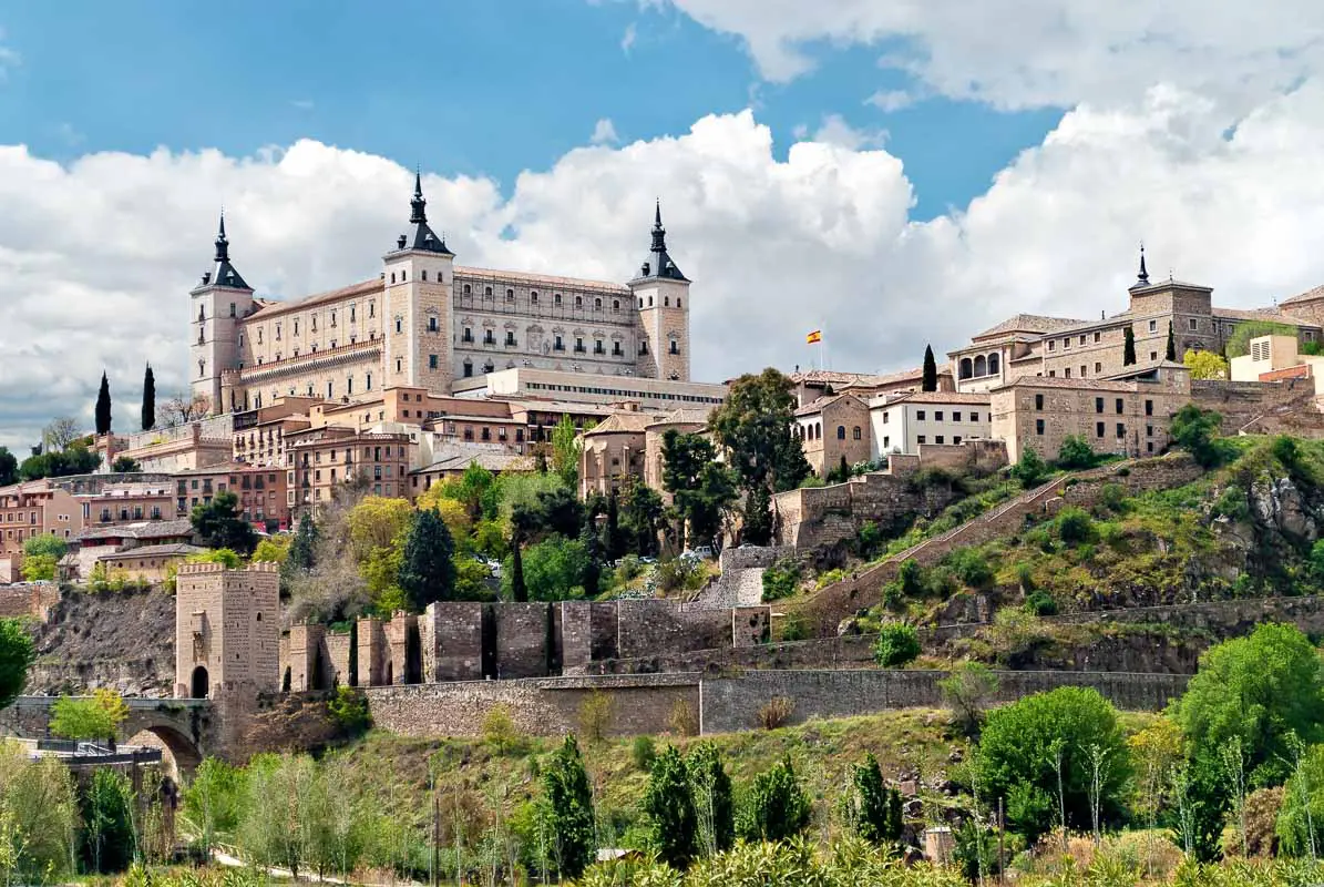 Old town of Toledo, with alcasar on a hilltop, former capital of Spain.