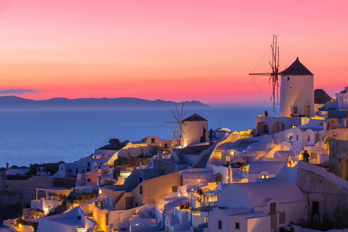 santorini sunset with windmill