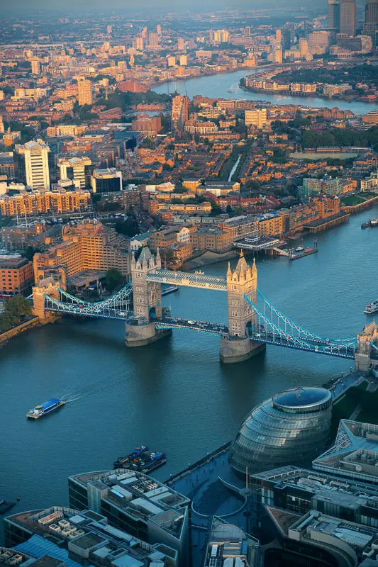 aerial view of tower bridge and the thames london sunset