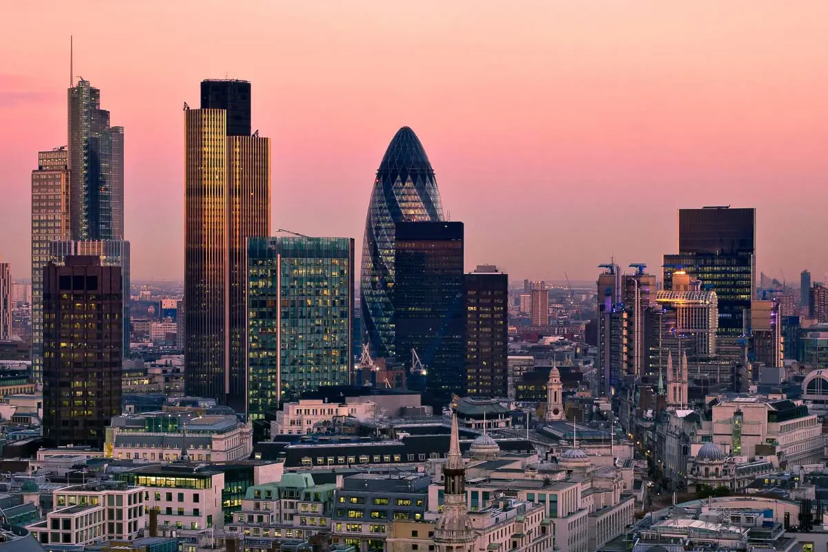 city of london skyline at sunset