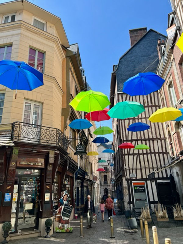 Rouen streets with umbrellas